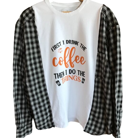Upcycled Flannel Sleeves Shirt, Size M-L: Oversized Coffee Graphics T-Shirt - Picture 1 of 10